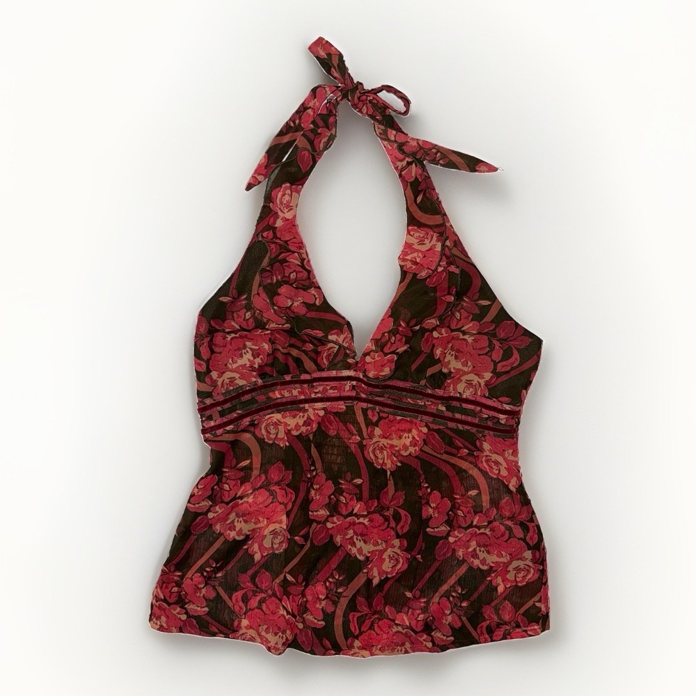GUESS Jeans Floral Halter Tank Top Sheer Y2K Womens Small Ruffle Chiffon Fairy
